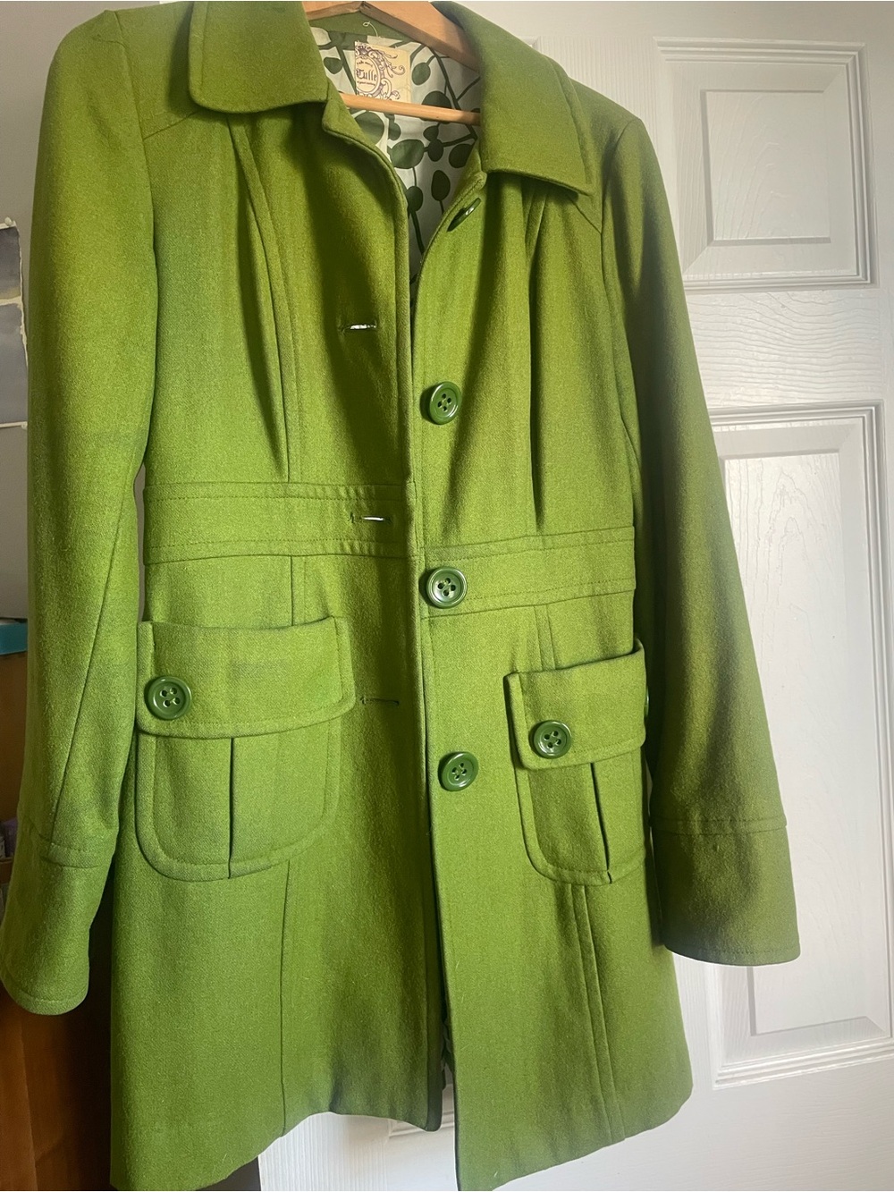 Tulle Olive Green Wool Pea Coat with Button Front